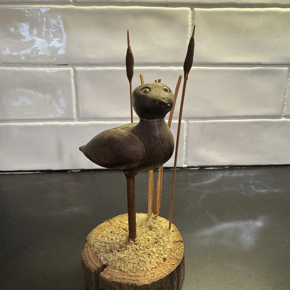 Vintage Wood Duck in The Reeds  Hand‎ Carved Folk Art On Live Edge Stand